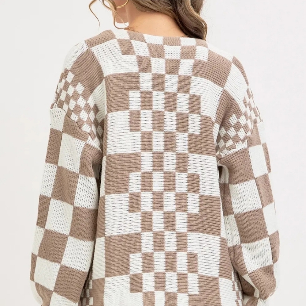 Mixed Checkered Knit Open Front Cardigan - Picture 6 of 6